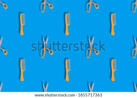 Seamless patterns. Seamless pattern from hairdressing combs and scissors. Background made of comb and scissors.