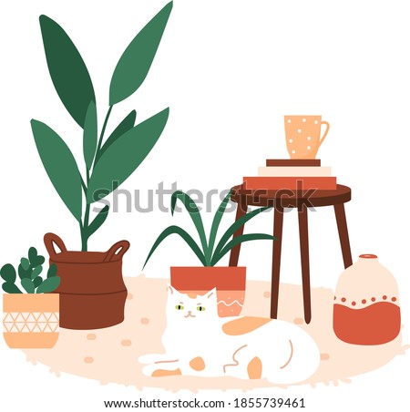 Scandinavian hygge style home interior with cat. Comfy furniture and home decorations set. Cozy living room or apartments with plants, vase, carpet, home elements. Flat vector illustration