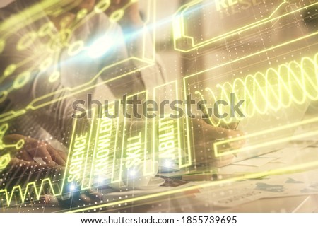 Double exposure of man and woman working together and education theme hologram drawing. Computer background.