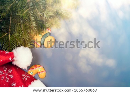Sparkling Christmas background with gingerbread cookies, pine tree branch and Santa`s hat on blue.