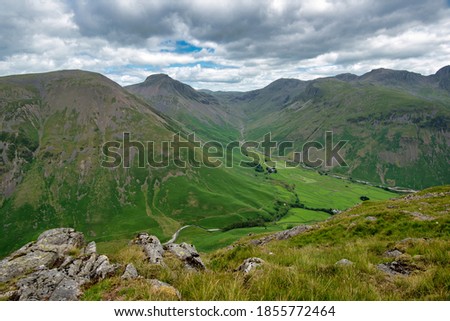 View from Yewbarrow mountain towards Kirk Fell, and across Wasdale Head to Great Gable and Green Gable in the Lake District National Park, Cumbria, England Royalty-Free Stock Photo #1855772464