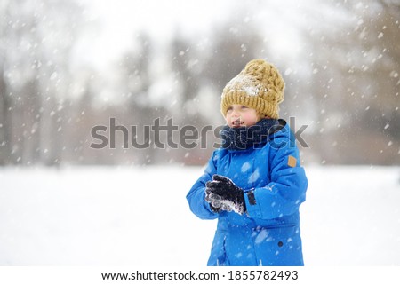 Little boy having fun playing with fresh snow during snowfall. Snowball fight. Kid dressed in warm clothes, hat, hand gloves and scarf. Active outdoors leisure for child on nature in snowy winter day.