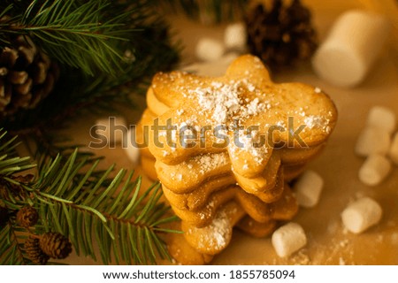 Christmas gingerbread cookies and marshmallows, pine tree branches, pine cones and fireplace on background