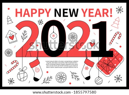 Happy New Year 2021 - line design style web banner with copy space for text. Festive symbols, stockings, candy canes, decorations, presents, Christmas tree and snowflakes. Holiday celebration idea