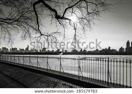 Black and White photograph of New York in winter. Urban view. Photo taken from the Reservoir in Central Park, NYC, with view of Manhattan skyline.
