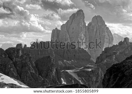 Tre Cime di Lavaredo in the Sesto Dolomites, black and white photo, Alto Adige-Trento, Italy