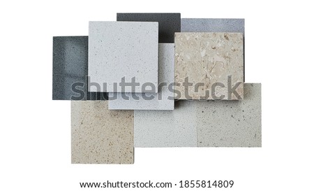 multi color and texture of granite stone samples in square shape. composition of stacked quartz stone surface for countertop such as kitchen or basin countertop isolated on white background. Royalty-Free Stock Photo #1855814809