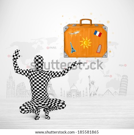 Funny man in full body suit presenting vacation suitcase, tourist attractions in background