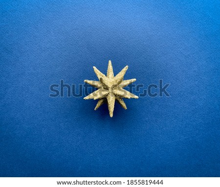 Christmas star glittering golden decoration on blue background. 