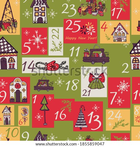 Christmas advent calendar. Hand drawn illustration of houses, gingerbread, toys, gifts, decorated for the holidays. Beautiful New Year's palette. Suitable for wallpaper, textiles, design paper, poster
