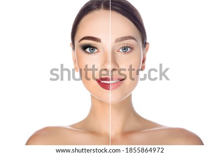 Before and after remove makeup. Woman face with makeup and without on white background Royalty-Free Stock Photo #1855864972