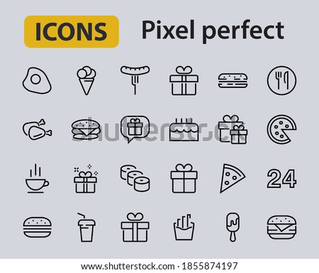 A simple set of fast food icons related to the vector line. Contains icons such as pizza, burger, sushi, bike, scrambled eggs and more. EDITABLE stroke. 480x480 pixels perfect, EPS 10.