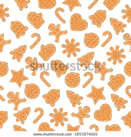 Christmas food seamless pattern white background. Gingerbread cookies icon set. Vector illustration isolated on white.