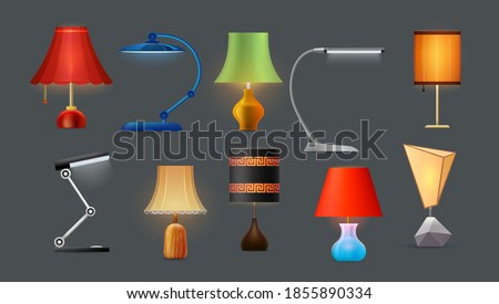 Lamps, table and desk lights, home and office design, vector isolated set. Desktop spotlights and realistic bedside laps with table clips, interior design elements, wooden plastic and glass lampshades