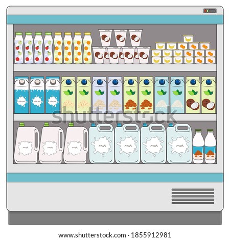 Showcase fridge for cooling milk products. Dairy and vegan milk alternatives on fridge shelves in supermarket. Milk bottles, carton boxes, yogurt. Milk purchase. Hand drawn vector illustration.