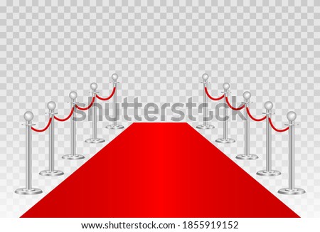 Red carpet and path barriers 3d. VIP event, luxury celebration. Gold queue rope barrier posts stands. Premiere show ceremony. Luxury entrance to vip event or celebrity party. Vector illustration.