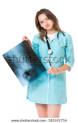 Female doctor examining an x-ray picture on white background