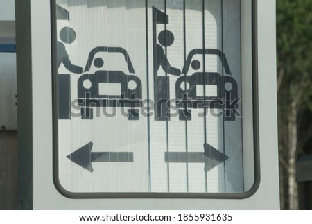 motorway toll plaza road sign, pictogram with car and toll booth