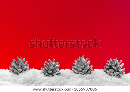 Christmas red background with snow and decorations, christmas layout