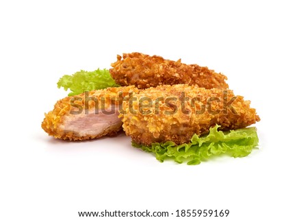 Fried Chicken strips in breadcrumbs, isolated on white background. Royalty-Free Stock Photo #1855959169