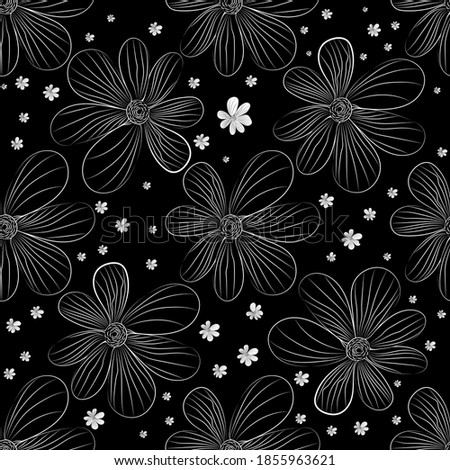 Floral background. Large black flowers, small white daisies on a black background. Summer vector endless illustration.