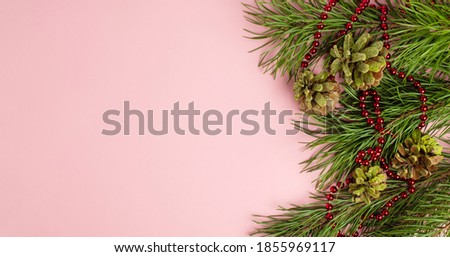 Christmas tree branches with cones on pink background with copy space for text. For new year and holiday cards, backdrops, frames