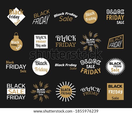 Black friday sale label tag set. For design, list, page, style brochure layout, banner, cover, booklet, flyer, book, blank, card, ad, sign, poster, icon. Vector illustration on dark background. 