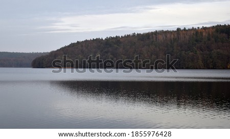 Calm forest lake in the autumn evening sun.