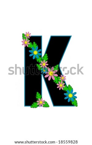 Aloha Alphabet letter K is based in black with turquoise outline.  Lei of Flowers and leaves decorate letter.