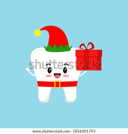 Chistmas tooth with gift in elf costume with red hat and belt icon isolated on background. Dental holiday character white funny tooth with present. Flat design cartoon vector dentistry design element.