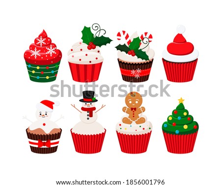 Christmas cupcakes set - cute winter sweets food. Xmas icing muffin santa claus hat, snowman, christmas tree, sugar cream with mistletoe, giengerbread man. Flat cartoon dessert vector illustration.