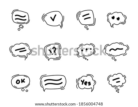 Black Speech bubble line icons. Hand drawn doodle. Dialog speech bubbles on white background. mobile technology, ok, yes, question and exclamation mark. Vector illustration. 