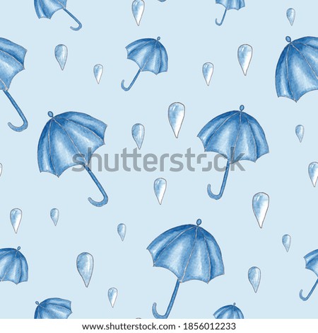 Hand drawn watercolor pattern with umbrella with rain drops.