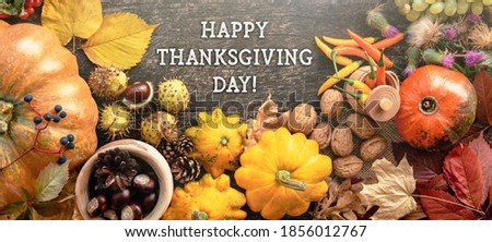 Happy Thanksgiving  day, fresh pumpkins of different shapes and colors, autumn yellow leaves, table decor, traditional holiday