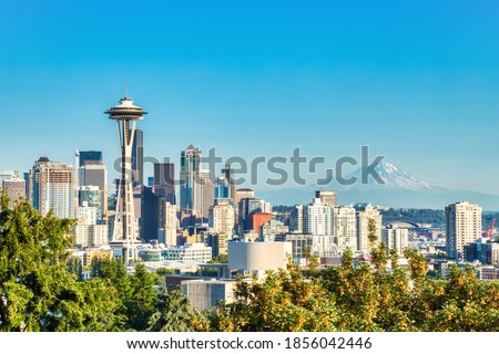Seattle Cityscape with Mt. Rainier in the Background at Sunset, Washington, USA   