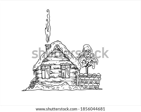 Winter, rural landscape. The wooden house is covered with snow and smoke from the chimney. Coloring. Vector graphics.