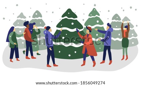 Group of people looking for christmas tree in the forest nursery. Friends walking through the forest during the winter. Flat vector illustration of  modern characters.