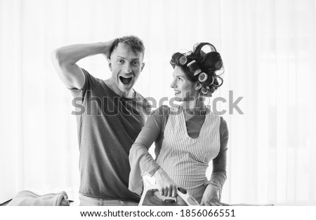 Couple or marriage. Love couple. Man and woman. Happiness. Life. Home concept. Funny photo. Fun. Crazy. 