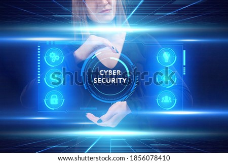 Business, Technology, Internet and network concept. Young businessman working on a virtual screen of the future and sees the inscription: Cyber security