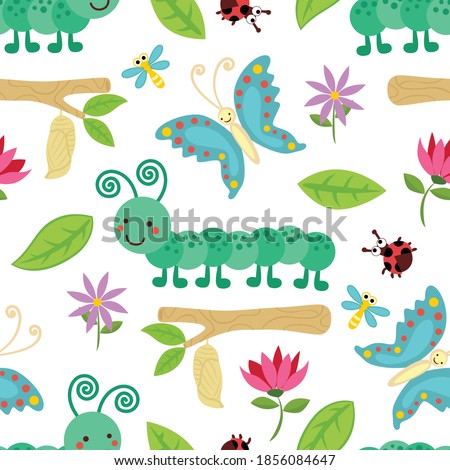 Seamless pattern vector of bugs cartoon, caterpillar, butterfly with flowers.