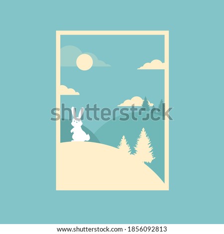 Winter Themed Design Vector. Cute white rabbit on the hill with pine trees and blue sky. Kids Room Decoration. Good for cover, invitation, banner, placard, brochure, poster, card, flyer and other.