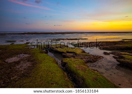 Seascape for background. Sunset time. Beach with rocks and stones. Low tide. Stones with green seaweed and moss. Clear sky. Slow shutter speed. Soft focus. Melasti beach, Bali, Indonesia