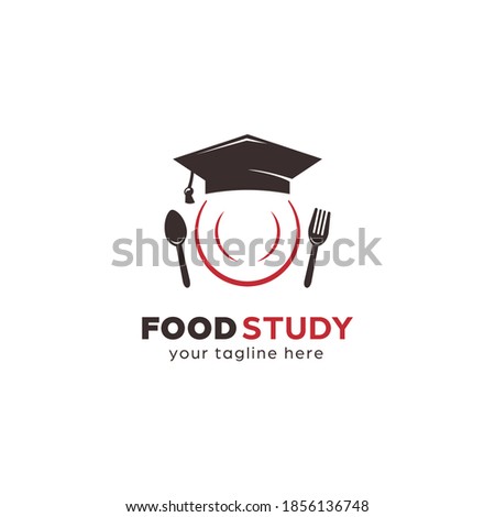 Cooking food nutrition study education logo with academic graduation cap and plate icon illustration