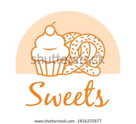 sweets design with cupcake and pretzel over white background, line style, vector illustration