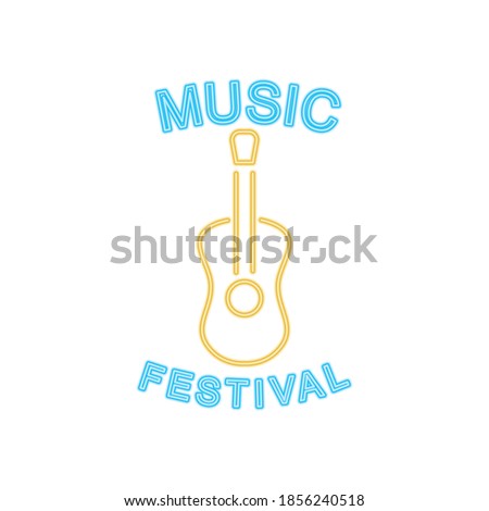 music festival neon sign with guitar icon over white background, vector illustration