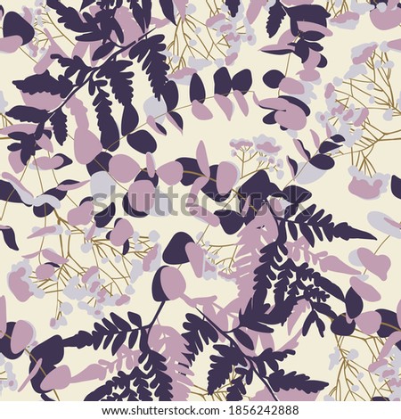 Vector seamless pattern with hand-drawn vegetation. Fern leaves, dense grass and flowers. Contrasting shadows and highlights on vegetation.
