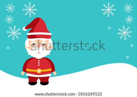 Cute character of Santa Claus in red dress standing on white snow and snowflakes on blue background. Flat design vector illustration. Happy Christmas and winter Day concept.