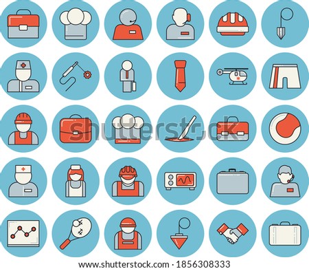 Thin line blue tinted icon set - builder flat vector, hard hat, construction plummet, cook, worker, welding, case, telephone operator, physician, briefcase, helicopter, nurse, scalpel, phone, tie