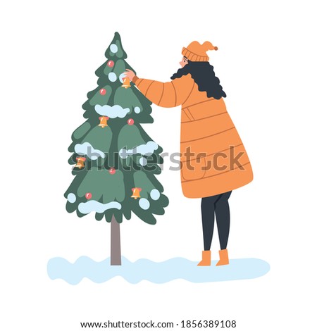 Girl Decorating Christmas Tree Outdoors Preparing for Holiday Celebration, Happy Xmas and New Year Concept Cartoon Style Vector Illustration