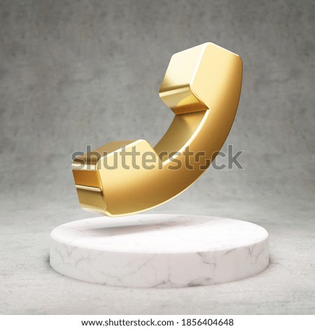 Phone icon. Gold glossy Phone symbol on white marble podium. Modern icon for website, social media, presentation, design template element. 3D render.